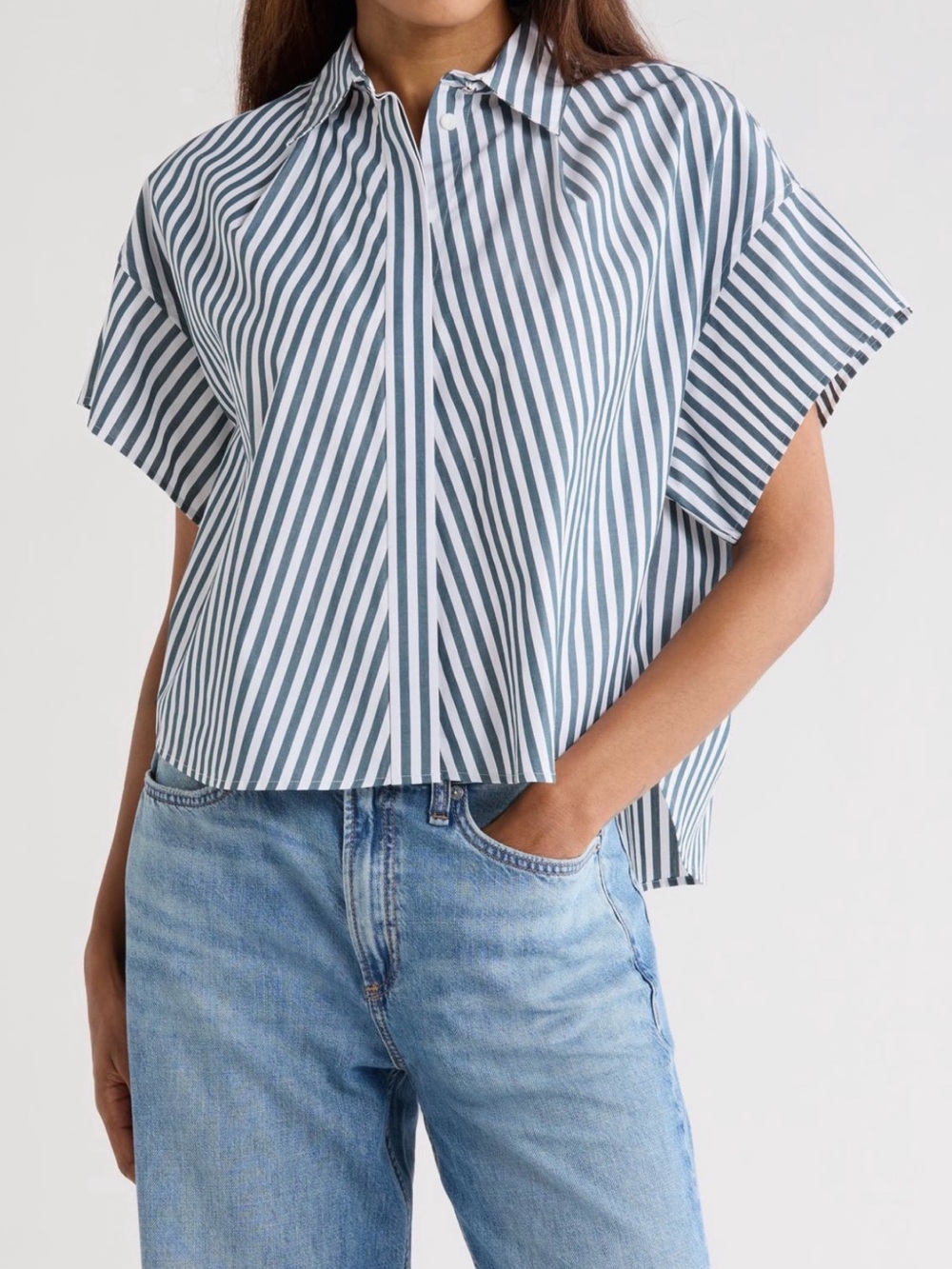 Rag & Bone Striped Boxy Button-Front Top Dark Tourquiose/White